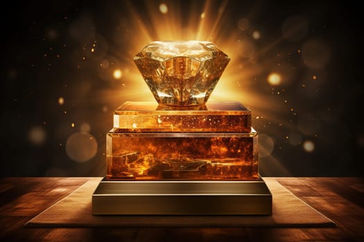 Award in the form of a precious stone on a podium on a wooden table against a bokeh background.