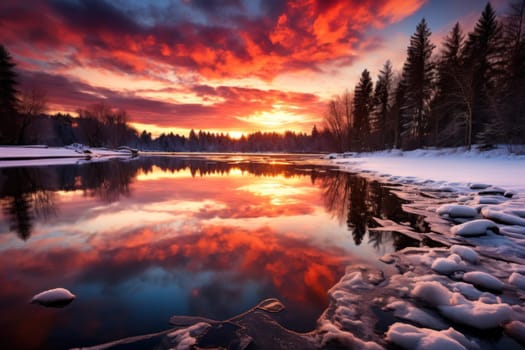 An exquisite visual representation of the winter skies, highlighting the unique color schemes and breathtaking beauty brought by the low-angled sun during winter sunrises and sunsets.
