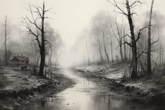 A captivating visual representation of the winter ambiance, focusing on the enigmatic allure of fog and mist enveloping the landscape, especially near bodies of water.