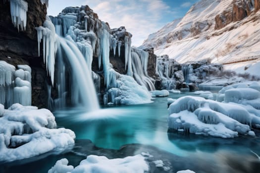 A mesmerizing display of the winter landscape, focusing on the distinctive and captivating frozen waterfalls found in chilly regions.