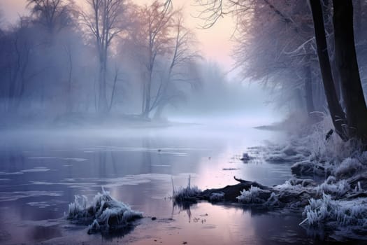 A captivating visual representation of the winter ambiance, focusing on the enigmatic allure of fog and mist enveloping the landscape, especially near bodies of water.