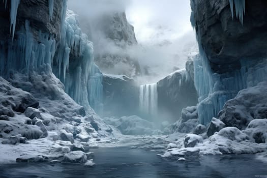 A mesmerizing display of the winter landscape, focusing on the distinctive and captivating frozen waterfalls found in chilly regions.