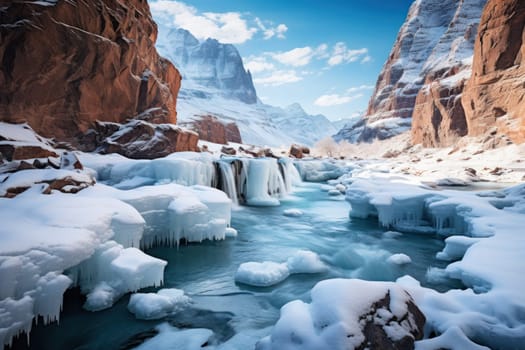 A mesmerizing display of the winter landscape, focusing on the distinctive and captivating frozen waterfalls found in chilly regions.