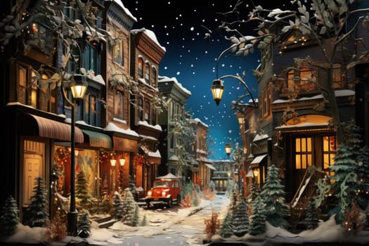 An evocative representation of urban life during winter, focusing on the enchanting vistas of city streets, buildings blanketed in snow, and the warm radiance of streetlights.