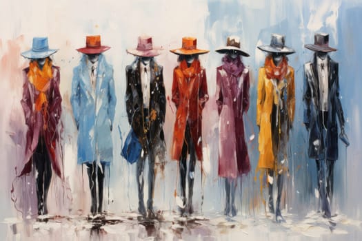 A chic portrayal of the winter season's fashion, highlighting stylish winter attire, including scarves, hats, and coats. This composition captures the elegance and coziness of winter wardrobe.