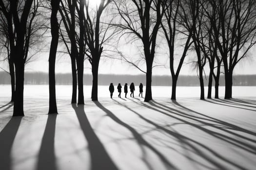 A striking visual display of the winter season, utilizing the extended shadows and sharp differences in lighting to craft captivating silhouettes against the snowy backdrop.