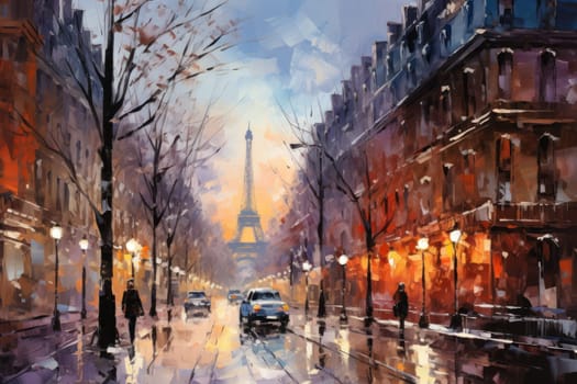 An evocative representation of urban life during winter, focusing on the enchanting vistas of city streets, buildings blanketed in snow, and the warm radiance of streetlights.