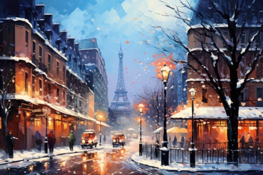 An evocative representation of urban life during winter, focusing on the enchanting vistas of city streets, buildings blanketed in snow, and the warm radiance of streetlights.