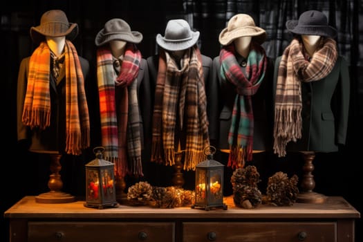 A chic portrayal of the winter season's fashion, highlighting stylish winter attire, including scarves, hats, and coats. This composition captures the elegance and coziness of winter wardrobe.