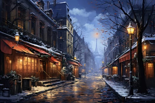 An evocative representation of urban life during winter, focusing on the enchanting vistas of city streets, buildings blanketed in snow, and the warm radiance of streetlights.
