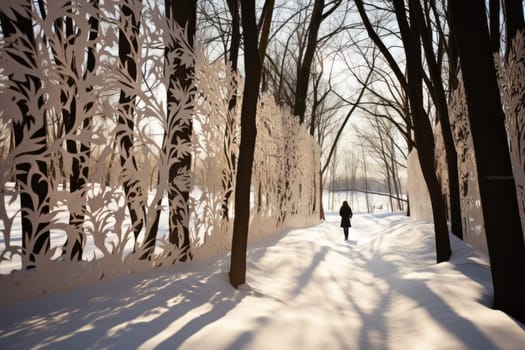 A striking visual display of the winter season, utilizing the extended shadows and sharp differences in lighting to craft captivating silhouettes against the snowy backdrop.