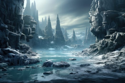 A mesmerizing display of the winter landscape, focusing on the distinctive and captivating frozen waterfalls found in chilly regions.