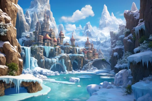 A mesmerizing display of the winter landscape, focusing on the distinctive and captivating frozen waterfalls found in chilly regions.