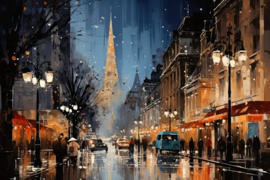 An evocative representation of urban life during winter, focusing on the enchanting vistas of city streets, buildings blanketed in snow, and the warm radiance of streetlights.