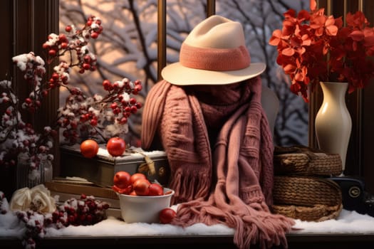 A chic portrayal of the winter season's fashion, highlighting stylish winter attire, including scarves, hats, and coats. This composition captures the elegance and coziness of winter wardrobe.