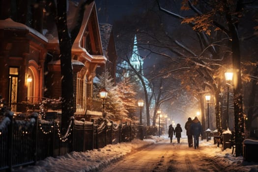 An evocative representation of urban life during winter, focusing on the enchanting vistas of city streets, buildings blanketed in snow, and the warm radiance of streetlights.