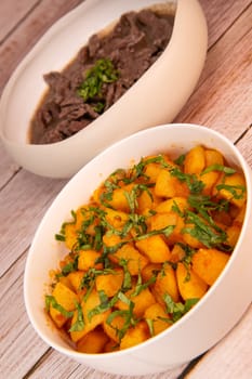 LEBANESE RECIPE, SHAWARMA, SPICY BEEF AND POTATOES, BATTATA HARA, GARLIC, CORIANDER AND PAPRIKA. High quality photo