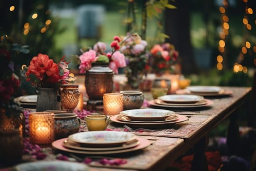 Wooden rustic table set with vintage dishes against bokeh background in the evening.