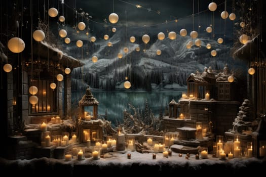 A captivating portrayal of the winter charm, focusing on the creation of cozy and welcoming visuals using the soft glow of candles or lanterns against the snowy backdrop.