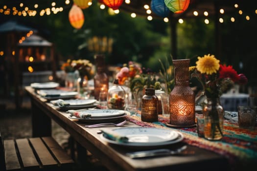 Setting a wooden table with plates, vases with flowers, napkins in the evening on the street against the backdrop of festive lights.