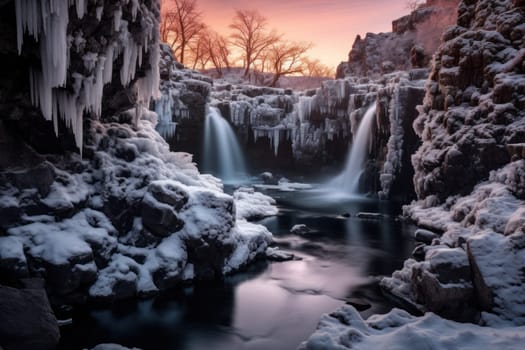 A mesmerizing display of the winter landscape, focusing on the distinctive and captivating frozen waterfalls found in chilly regions.