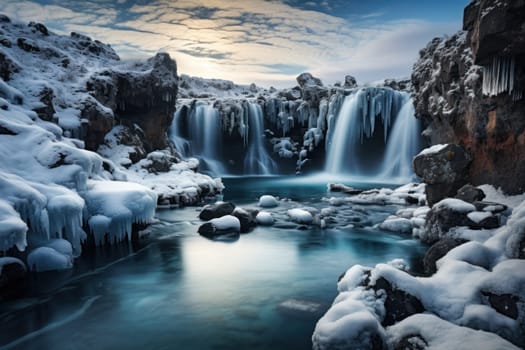A mesmerizing display of the winter landscape, focusing on the distinctive and captivating frozen waterfalls found in chilly regions.