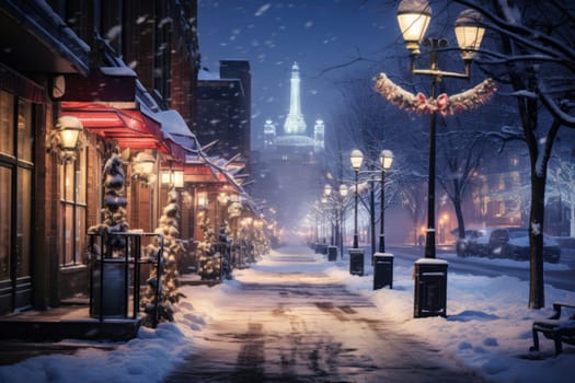 An evocative representation of urban life during winter, focusing on the enchanting vistas of city streets, buildings blanketed in snow, and the warm radiance of streetlights.