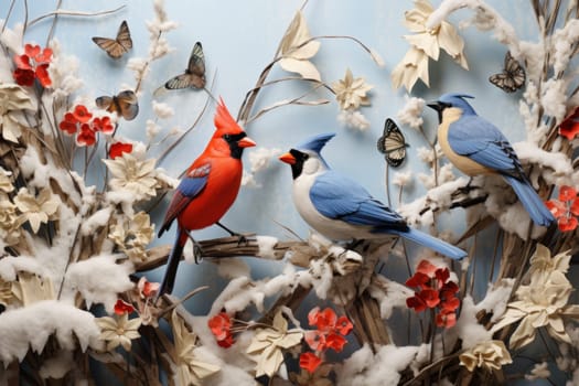 A stunning portrayal of winter's avian beauty, showcasing the artful photography of birds like cardinals, chickadees, and blue jays set against the pristine canvas of snow.