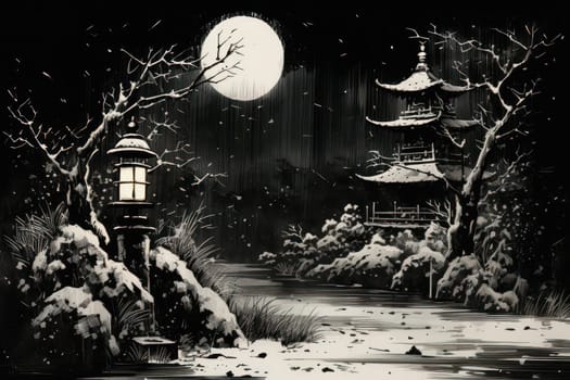 A captivating portrayal of the winter charm, focusing on the creation of cozy and welcoming visuals using the soft glow of candles or lanterns against the snowy backdrop.