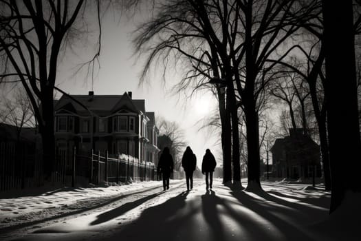 A striking visual display of the winter season, utilizing the extended shadows and sharp differences in lighting to craft captivating silhouettes against the snowy backdrop.