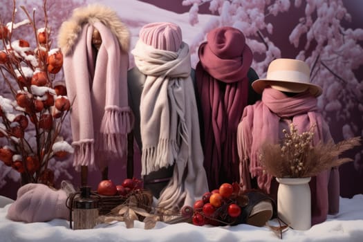 A chic portrayal of the winter season's fashion, highlighting stylish winter attire, including scarves, hats, and coats. This composition captures the elegance and coziness of winter wardrobe.