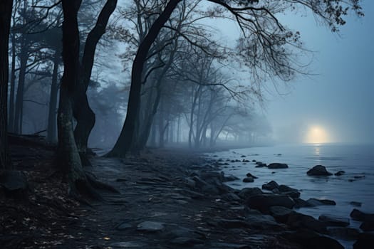 A captivating visual representation of the winter ambiance, focusing on the enigmatic allure of fog and mist enveloping the landscape, especially near bodies of water.