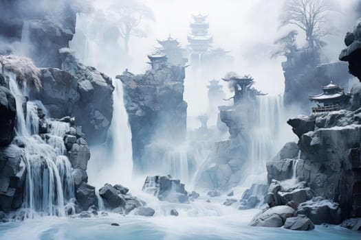 A mesmerizing display of the winter landscape, focusing on the distinctive and captivating frozen waterfalls found in chilly regions.