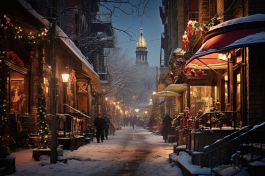 An evocative representation of urban life during winter, focusing on the enchanting vistas of city streets, buildings blanketed in snow, and the warm radiance of streetlights.