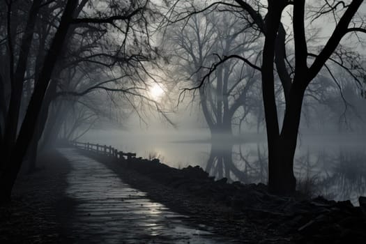 A captivating visual representation of the winter ambiance, focusing on the enigmatic allure of fog and mist enveloping the landscape, especially near bodies of water.