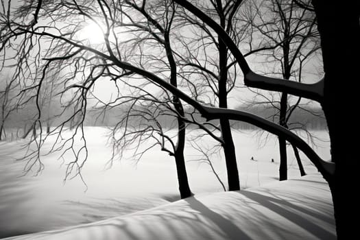 A striking visual display of the winter season, utilizing the extended shadows and sharp differences in lighting to craft captivating silhouettes against the snowy backdrop.