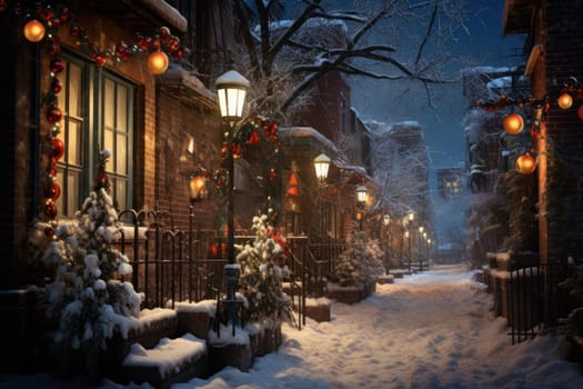 An evocative representation of urban life during winter, focusing on the enchanting vistas of city streets, buildings blanketed in snow, and the warm radiance of streetlights.