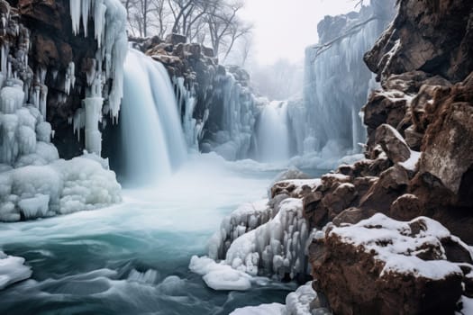 A mesmerizing display of the winter landscape, focusing on the distinctive and captivating frozen waterfalls found in chilly regions.