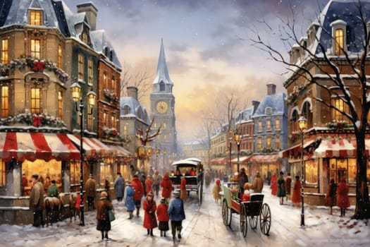 A vibrant depiction of the holiday spirit, capturing the lively ambiance of bustling markets and fairs adorned with festive decorations.