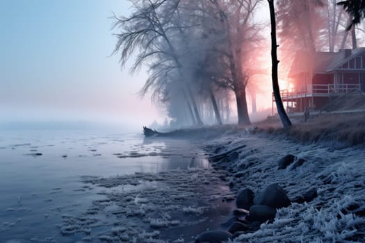 A captivating visual representation of the winter ambiance, focusing on the enigmatic allure of fog and mist enveloping the landscape, especially near bodies of water.