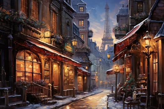 An evocative representation of urban life during winter, focusing on the enchanting vistas of city streets, buildings blanketed in snow, and the warm radiance of streetlights.