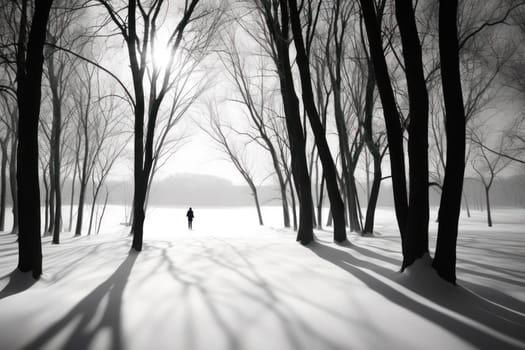 A striking visual display of the winter season, utilizing the extended shadows and sharp differences in lighting to craft captivating silhouettes against the snowy backdrop.