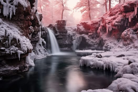 A mesmerizing display of the winter landscape, focusing on the distinctive and captivating frozen waterfalls found in chilly regions.