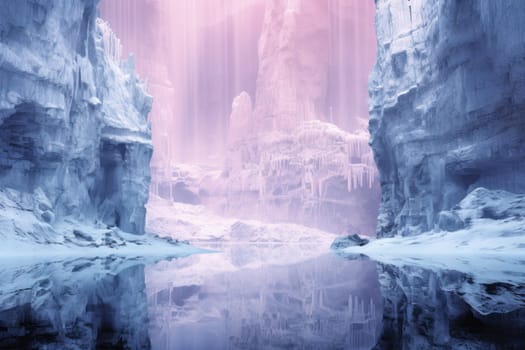 A mesmerizing display of the winter landscape, focusing on the distinctive and captivating frozen waterfalls found in chilly regions.