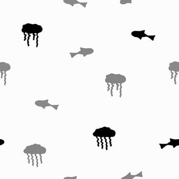 Hand Drawn Underwater World Seamless Pattern. Sea Life Digital Paper with Jelly Fish and Fish Silhouettes in Black and White.