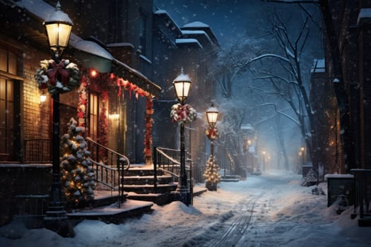 An evocative representation of urban life during winter, focusing on the enchanting vistas of city streets, buildings blanketed in snow, and the warm radiance of streetlights.