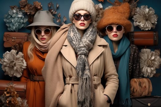 A chic portrayal of the winter season's fashion, highlighting stylish winter attire, including scarves, hats, and coats. This composition captures the elegance and coziness of winter wardrobe.