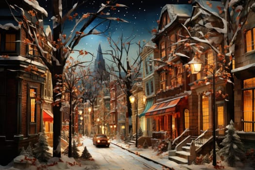 An evocative representation of urban life during winter, focusing on the enchanting vistas of city streets, buildings blanketed in snow, and the warm radiance of streetlights.