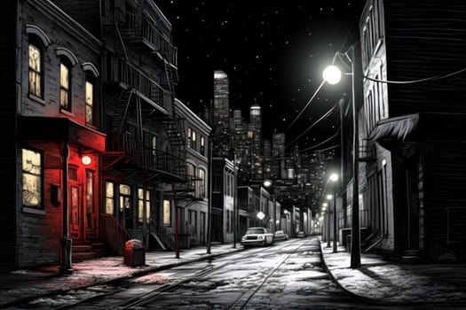 An evocative representation of urban life during winter, focusing on the enchanting vistas of city streets, buildings blanketed in snow, and the warm radiance of streetlights.