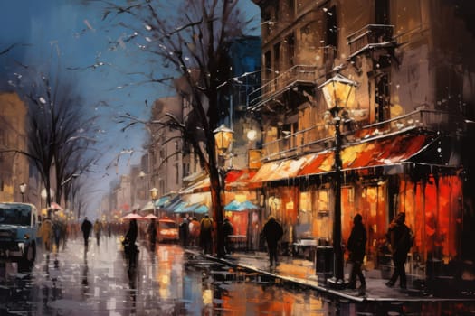 An evocative representation of urban life during winter, focusing on the enchanting vistas of city streets, buildings blanketed in snow, and the warm radiance of streetlights.